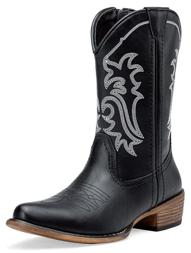 Jeossy Women's Black Cowboy Boots, Western Cowgirl Mid-Calf Pull on Round Toe Embroidered Country 9806 Boots with Zipper Size 8 (DJY9806 black 08) | Amazon (US)