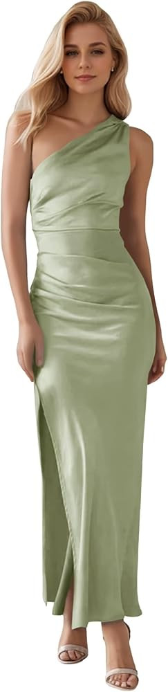 Satin Bridesmaid Dresses for Women with Slit One Shoulder Cocktail Prom Dress Formal 2024 | Amazon (US)