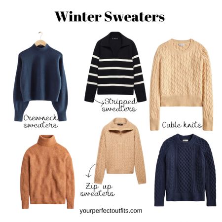Winter capsule wardrobe 
Crewneck sweaters 
Zip up sweaters 
Stripped sweaters 
Cable knits 

#LTKfindsunder100 #LTKsalealert #LTKfindsunder50