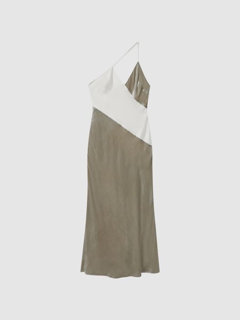Reiss Silver Keeley Silk-Velvet Asymmetric Strap Midi Dress | Reiss UK