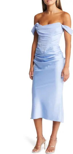 Natalya Corset Off the Shoulder Satin Midi Dress | Nordstrom
