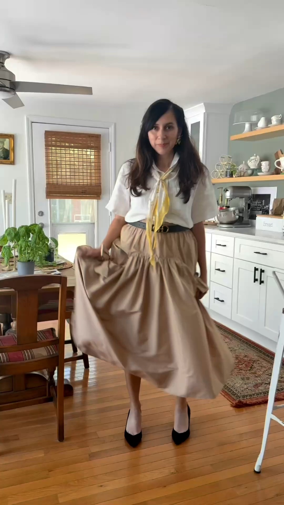 Work outfit ideas! If you are going for a business casual vibe. 

This neutral midi skirt has bows and pockets! This is one of my favorite timeless outfit.

If you're looking for spring and summer elegant casual looks for women in their 30s and 40s… A crisp white blouse paired with a flowy beige midi skirt creates that chic, put-together look that works for so many occasions.
 ￼￼
• Business casual outfit inspiration
• Brunch or church outfits
• Modest feminine style

Paired with the right accessories makes all the difference. I accessorized  with a scarf neck-tie for a chic business  casual look. Also, a headband and strip boxy tee for a weekend look. 

Save this one for your next shopping trip

#LTKdayinmylife #LTKvlog #LTKSeasonal