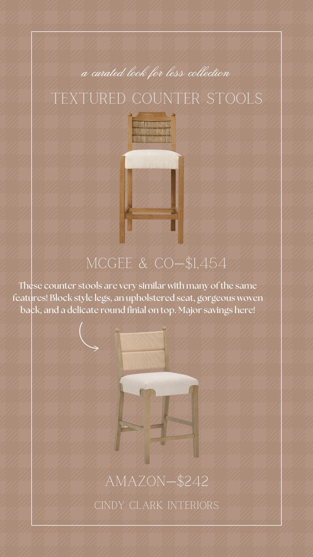 These counter stools are very similar with many of the same features! Block style legs, an upholstered seat, gorgeous woven back, and a delicate round finial on top. Major savings here!

#LTKHome #LTKSaleAlert