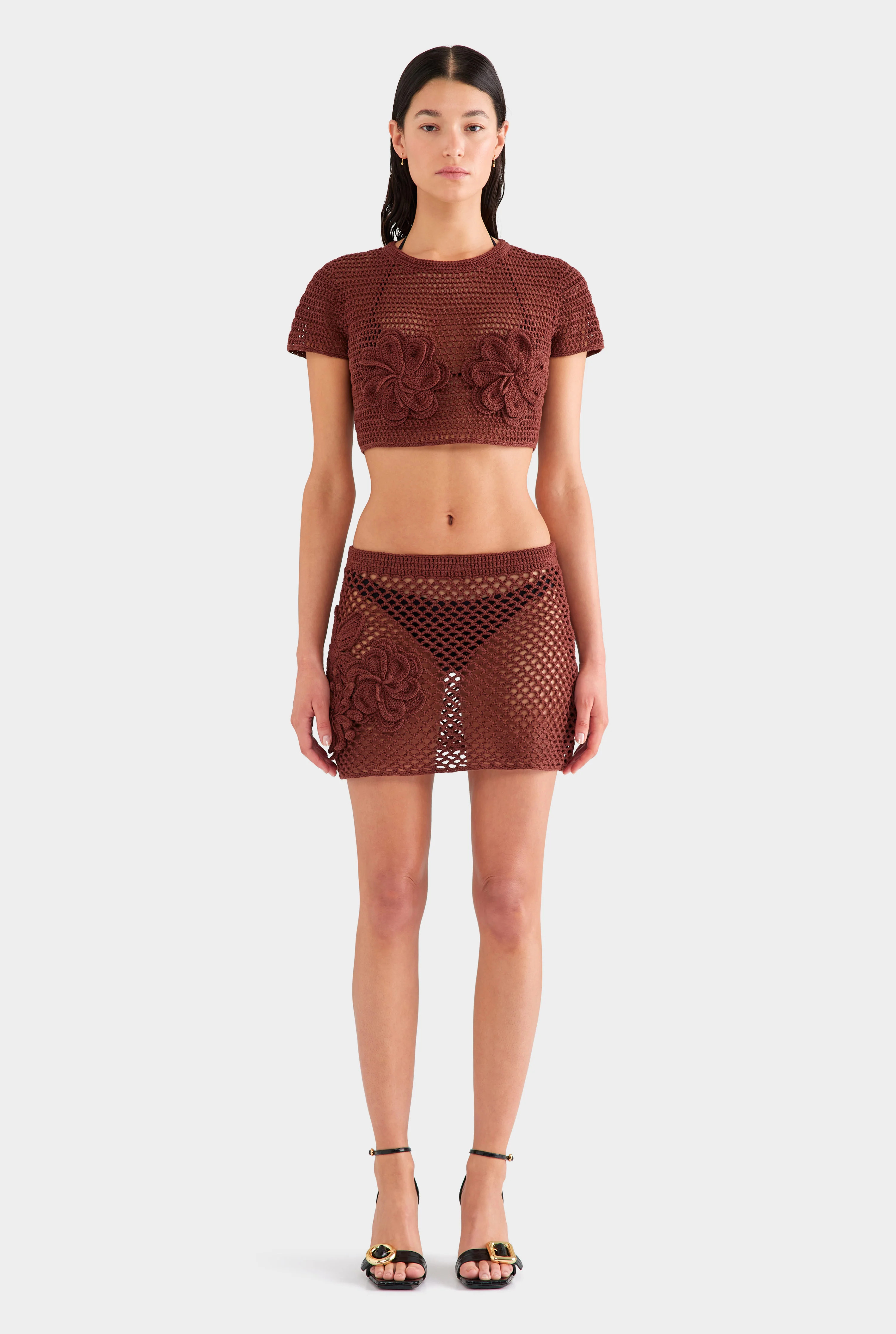 Womens Floral Crochet Cotton Mini Skirt in Chocolate | Venroy | Venroy AU