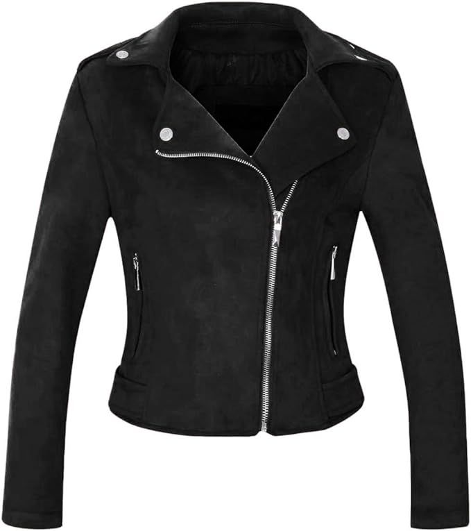 CHARTOU Women's Stylish Notched Collar Oblique Zip Suede Leather Moto Jacket | Amazon (US)