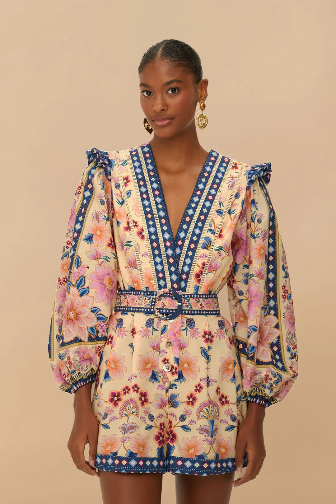 Cream Superbloom Tapestry Organic Cotton Romper | FarmRio (US)