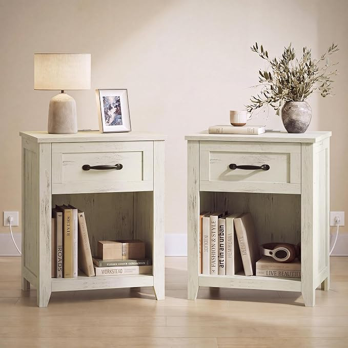 VASAGLE Farmhouse Nightstand with Charging Station, Drawer, Set of 2
Bedside Table, Side Table with Open Compartment, for Bedroom, Set of 2, Rustic White, LIRY Collection 

$99.99 with 17 percent savings-17%  

 #LTKSeasonal #LTKHome #LTKSaleAlert