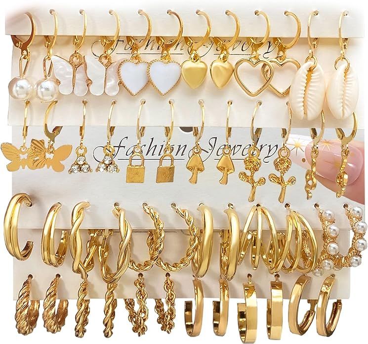 IFKM 24 Pairs Gold Hoop Earrings Set For Women Girls Hypoallergenic Chunky Chain Twisted Open Hoo... | Amazon (US)