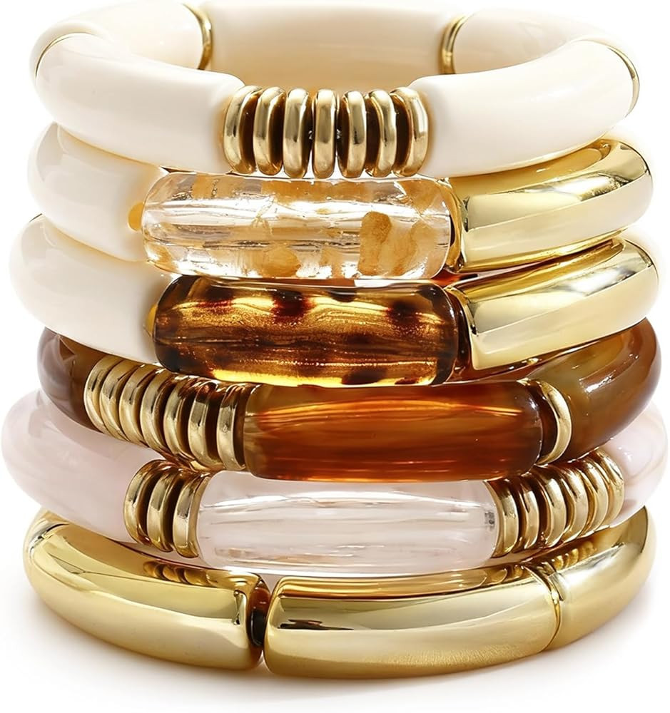 iF YOU 6pcs Chunky Acrylic Bangle Bracelets for Women, Resin Bamboo Brown Stretchy Bracelet Stack... | Amazon (US)