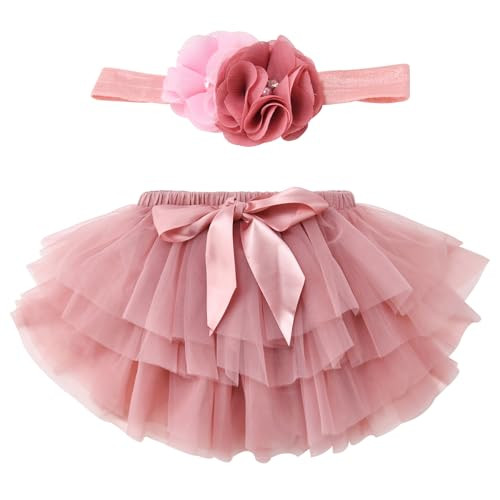 Exegawe Baby Girls Tutu Skirt with Headband, Toddler Girls Tulle with Diaper Cover Birthday Party Dress(Dusty Pink,M/6-12m) | Amazon (US)