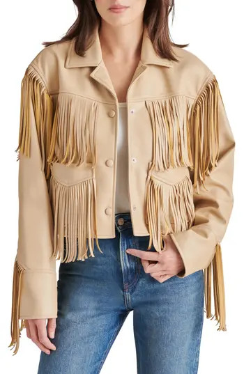 Steve Madden Halia Fringe Trim Faux Leather Jacket in Tan at Nordstrom Rack, Size X-Small | Nordstrom Rack