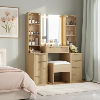 43.5-Inch Fluted Makeup Vanity Desk With Mirror And Lights. A Modern Vanity Table With A Glass Top, Ten Drawers, And Two Transparent Glass Cabinets. T | Wayfair North America