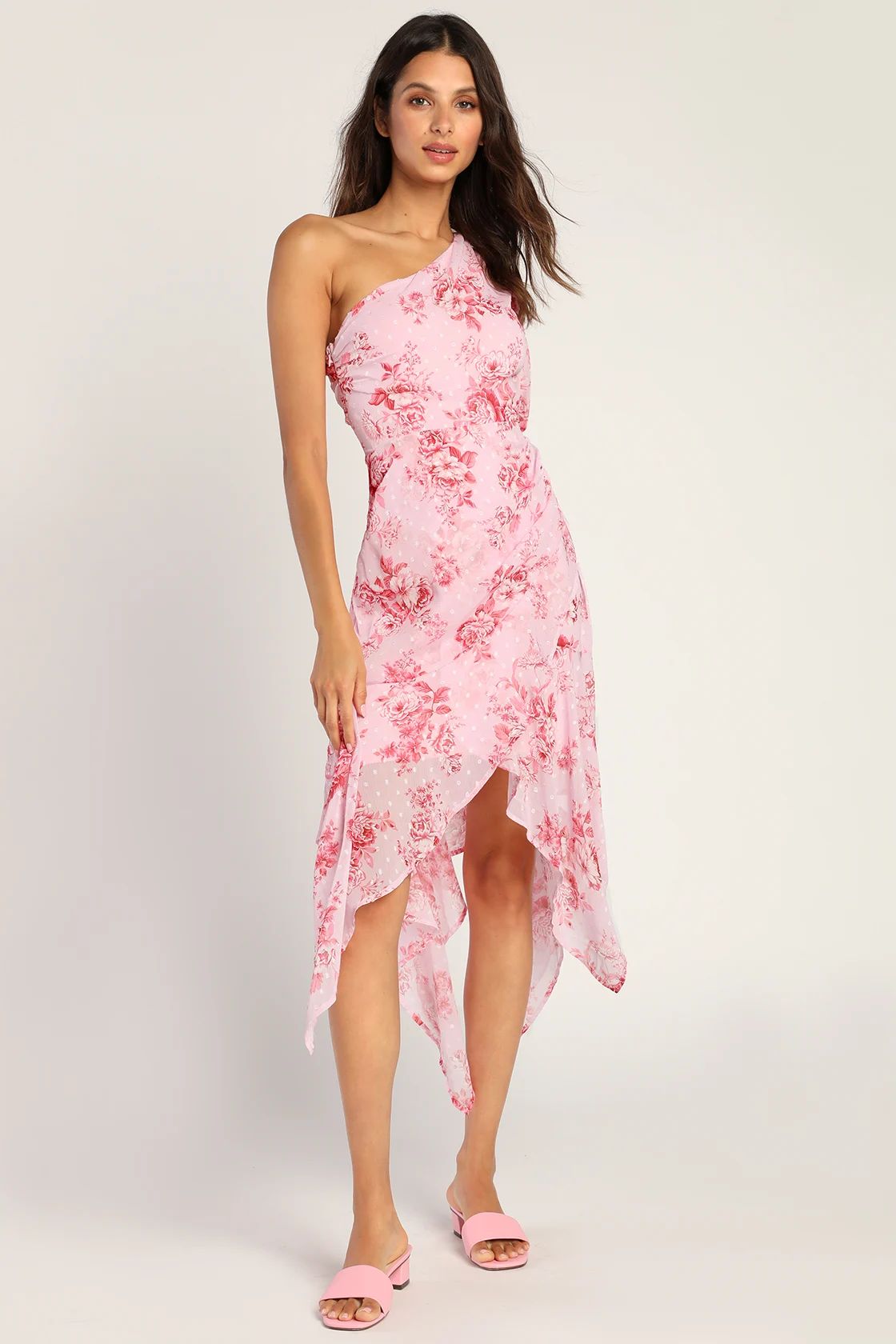 Flirty and Free Pink Floral Swiss Dot One-Shoulder Midi Dress | Lulus (US)