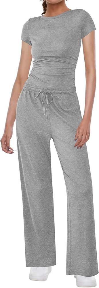 Ekouaer Women's 2 Piece Lounge Sets Ruched Short Sleeve Pajama Set High Waisted Wide Leg Pants Lo... | Amazon (US)
