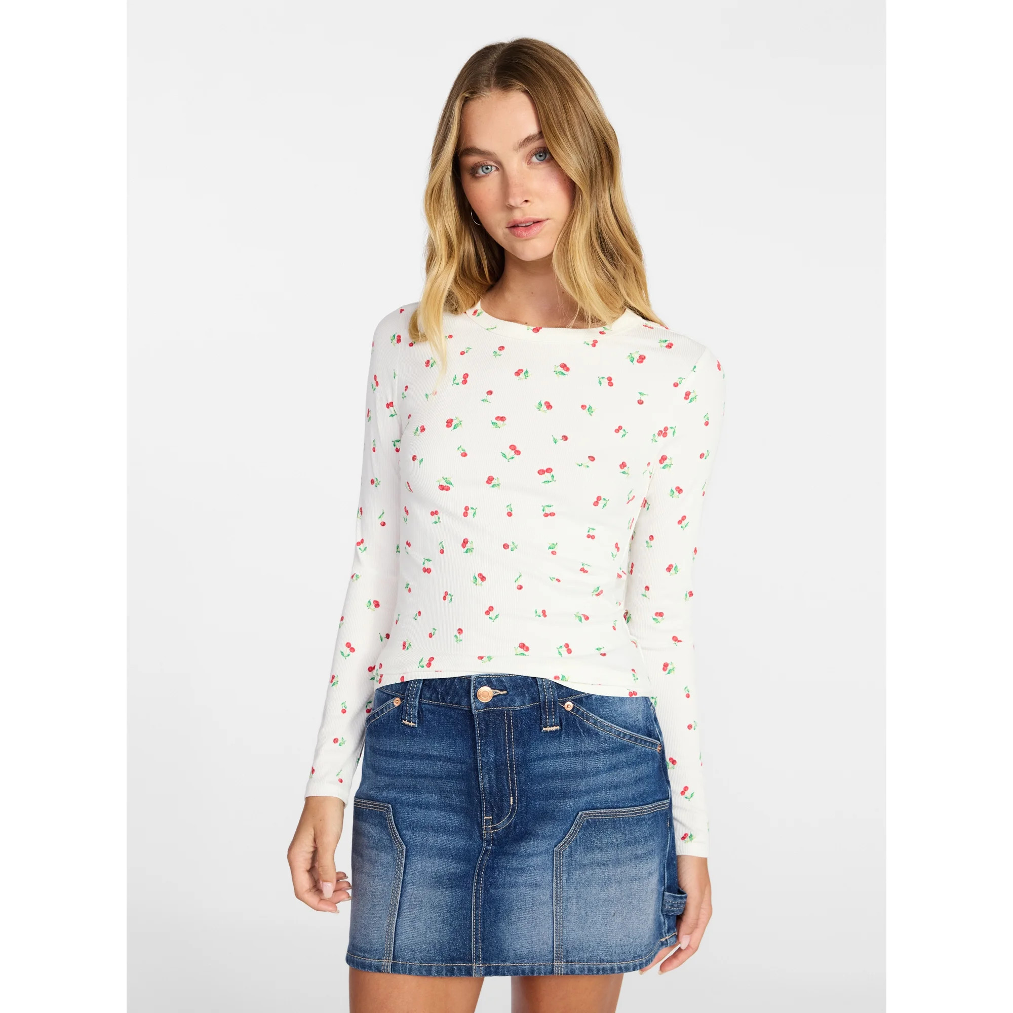 No Boundaries Ribbed Crewneck Tee with Long Sleeves, Women's XXS-XXL | Walmart (US)