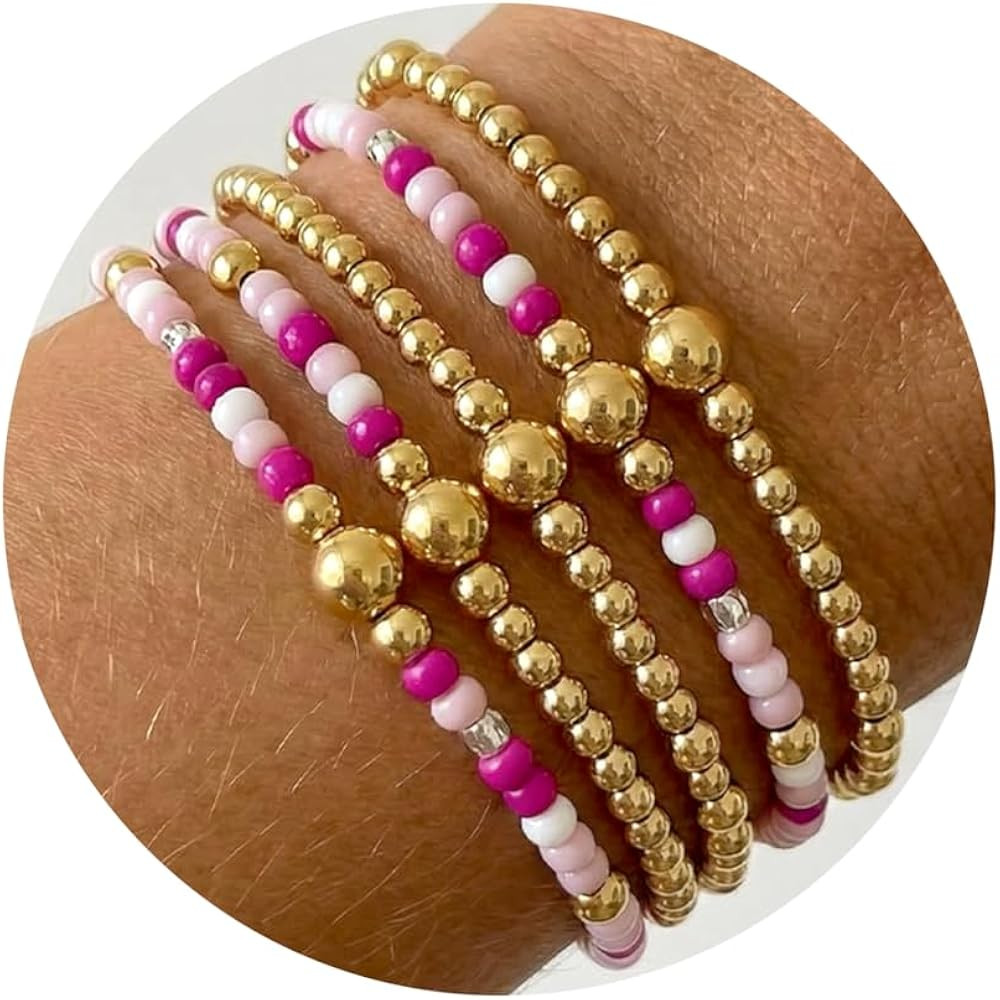 Gold Colorful Small Beaded Stack Bracelet Set for Women, Boho Golden Beads Stackable Stretch Brac... | Amazon (US)
