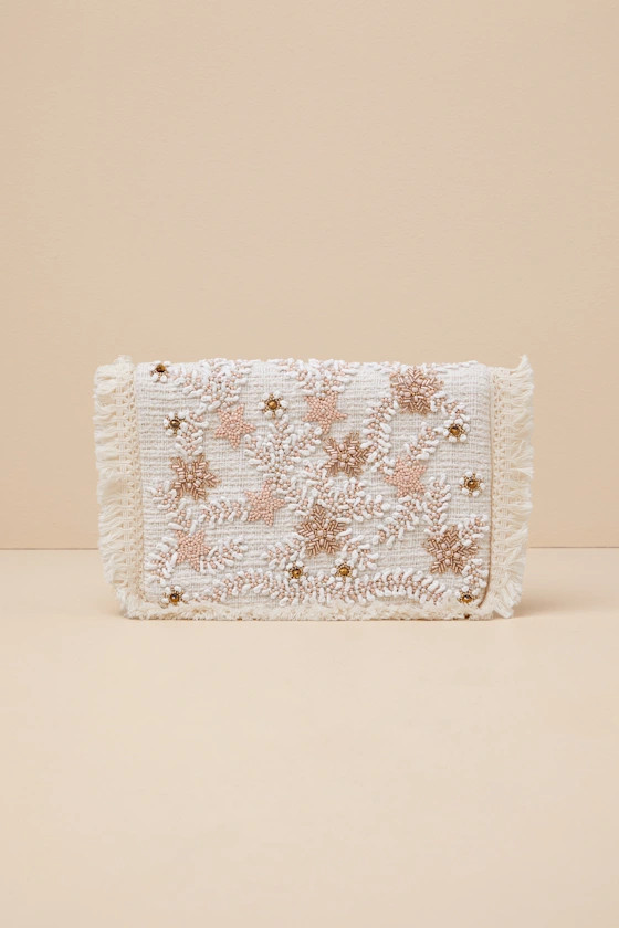 Sabriyya Cream Tweed Beaded Fringe Clutch | Lulus