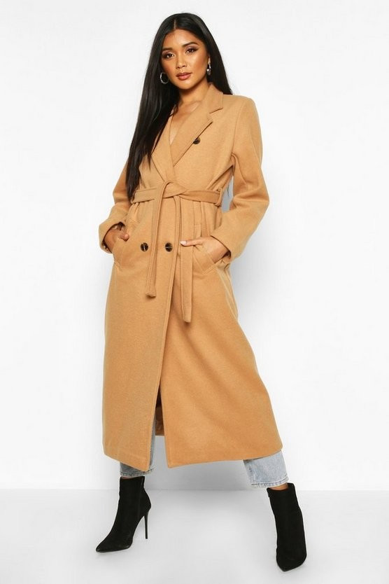 Zweireihiger Mantel in Wolloptik mit Gürtel | Boohoo.com (DE)