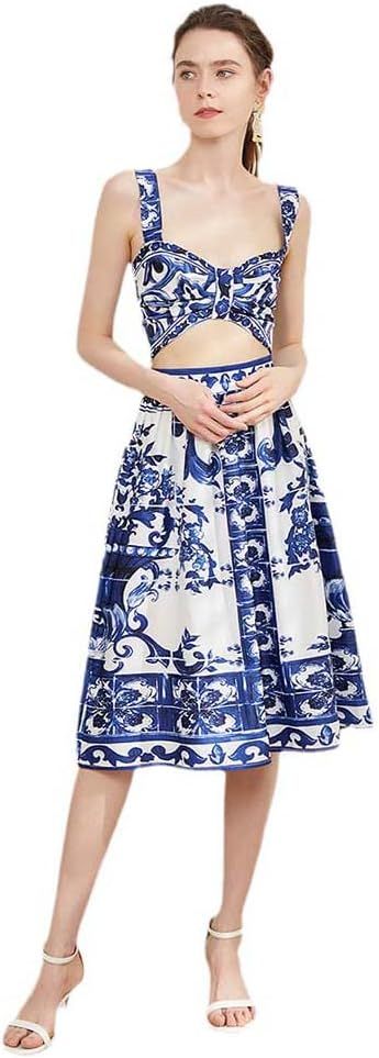 Summer Holiday Beach Skirts Suit Women Short Spaghetti Strap Top＋Blue and White Porcelain Print... | Amazon (US)
