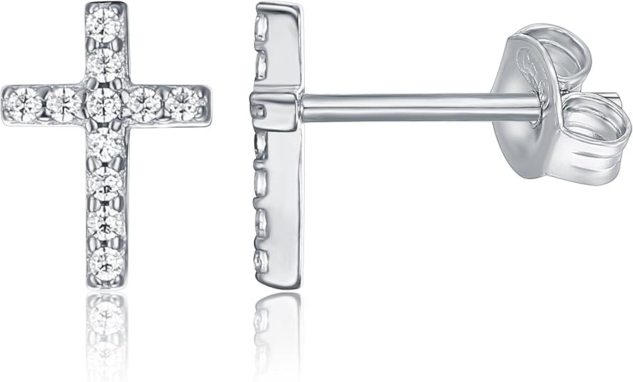 PAVOI 14K Gold Plated Girls Sterling Silver Earrings | Pave CZ Gold Cross Earrings for Women | Amazon (US)