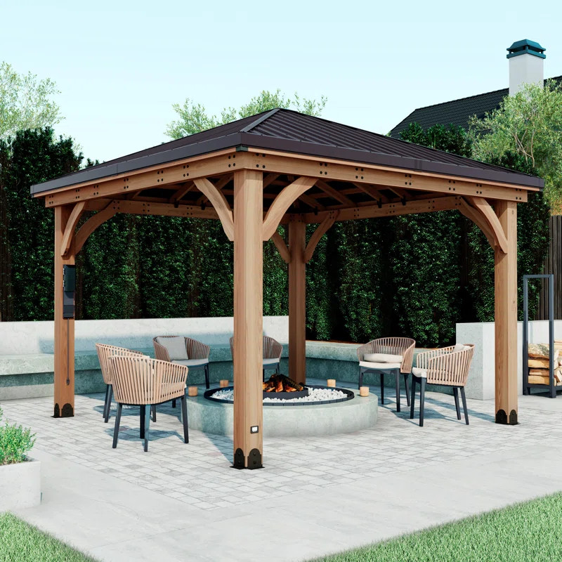 Backyard Discovery Barrington 12' x 12' Cedar Wood Outdoor Patio Gazebo with Hardtop Galvanized S... | Wayfair North America