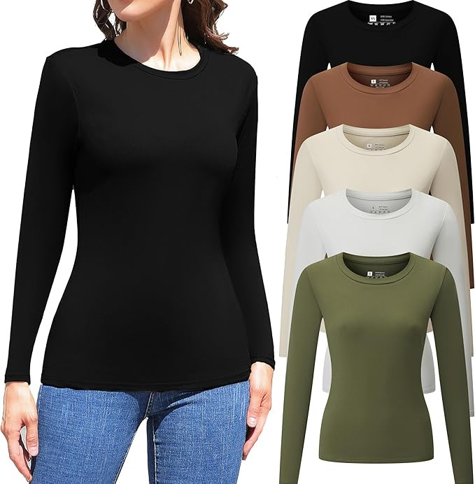 5 Pack Womens Long Sleeve Tops Crew Neck Basic T Shirt Fall Stretch Tight Fitted Thermal Shirts F... | Amazon (US)
