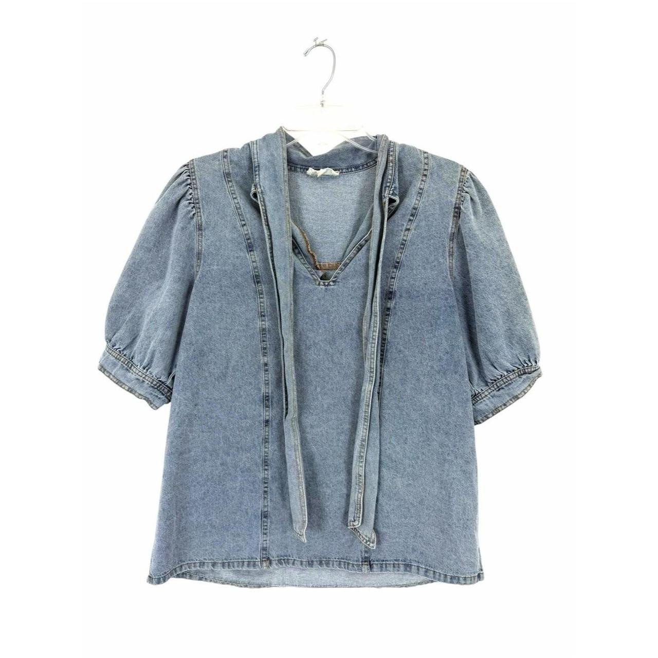 Light wash denim blouse with a tie-neck detail. Puff... | Depop | Depop US