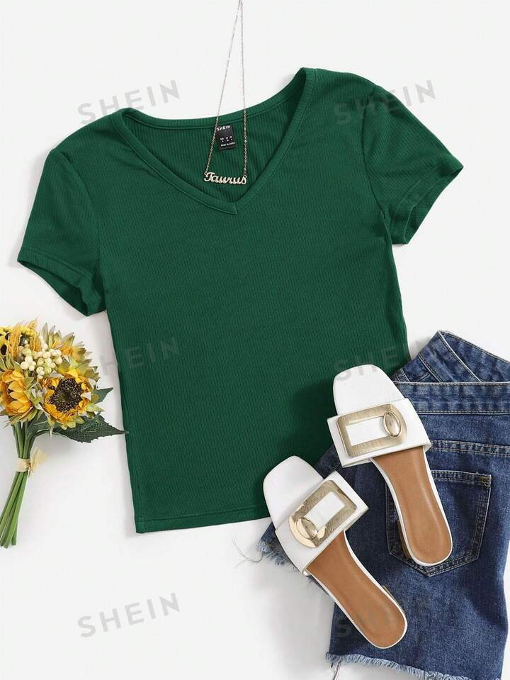 SHEIN EZwear V-neck Solid Tee | SHEIN