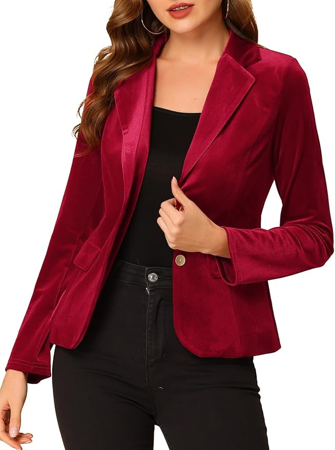 Allegra K Women's Notched Lapel Vintage Office Button Front Velvet Blazer | Amazon (US)