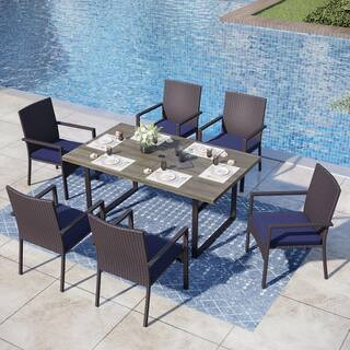 Black 7-Piece Metal Patio Outdoor Dining Set with U Shaped Rectangle Table and Rattan Chair with Blue Cushion | The Home Depot