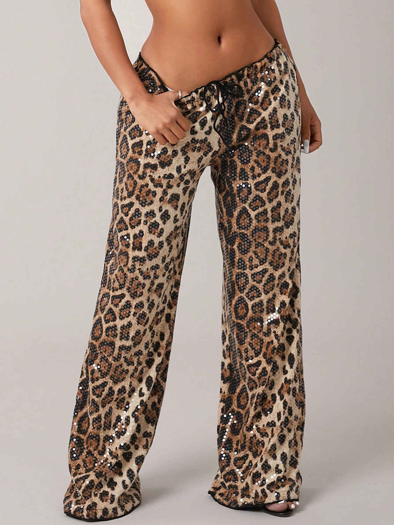 SHEIN SXY Women's Leopard Print Sequins Belted Wide Leg Loose Fit Palazzo Pants | SHEIN | SHEIN