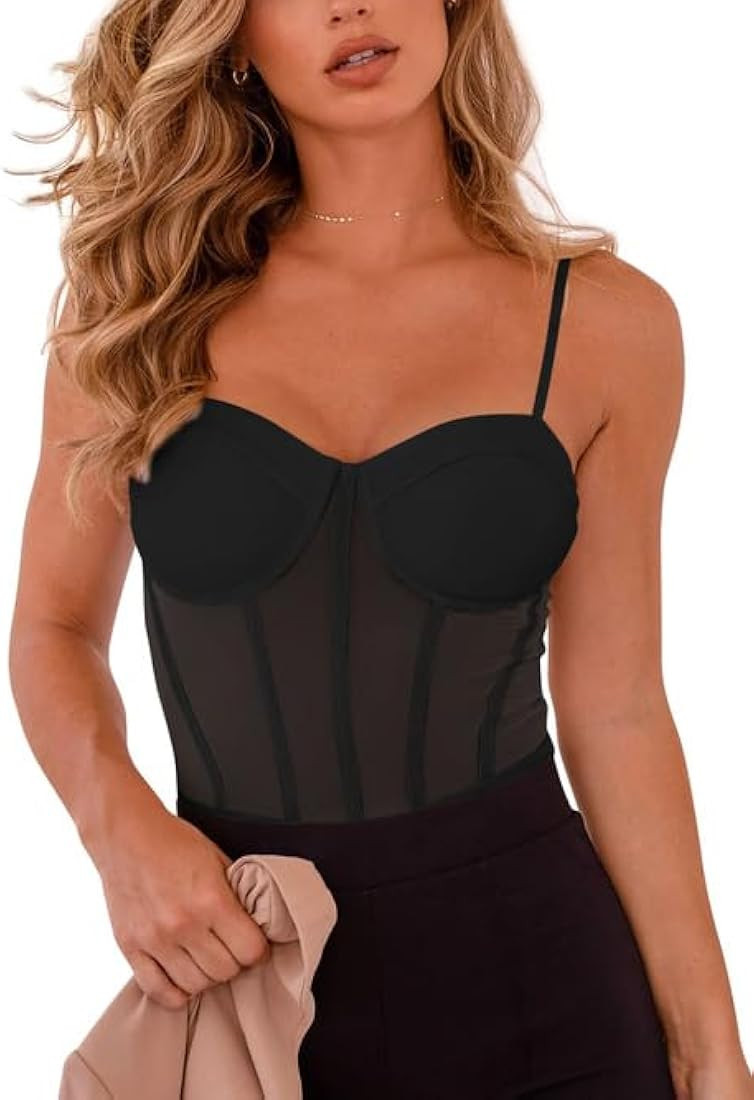 REORIA Women's Sexy Mesh Sheer Spaghetti Strap Going Out Slimming Bustier Corset Bodysuit With Bu... | Amazon (US)