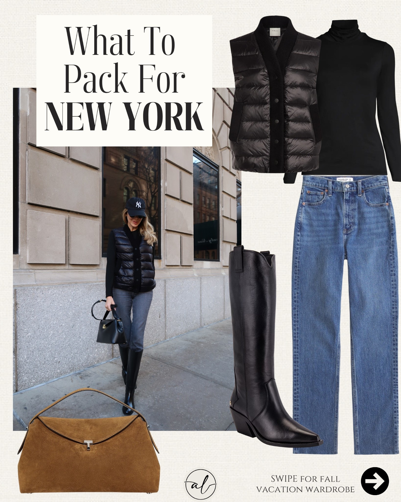 What to pack for fall in New York: tops, jeans, suede bag, knee-high boots, and vests. 

#LTKStyleTip #LTKU #LTKSeasonal