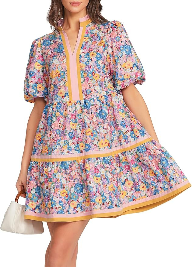 Women Floral Mini Dress 2026 Summer Short Puff Sleeve A-line Dress V Neck Boho Babydoll Dresses f... | Amazon (US)