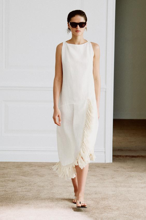 ZARA WOMAN COLLECTIONMidi dress with main fabric made of linen yarn. Boat neck and sleeveless des... | Zara US