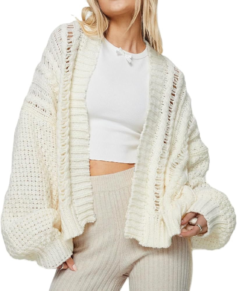 KMBANGI Women Cable Knit Cardigan Cute Oversized Drop Shoulder Sweater Open Front Jumper Top Aest... | Amazon (US)
