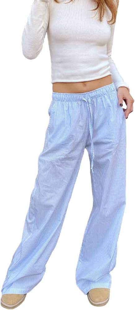 Tsultryofs Women Y2K Striped Long Pants Drawstring High Waist Wide Leg Trouser Casual Relaxed Fit... | Amazon (US)