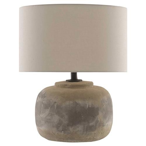 Vivian Industrial Loft Round Beige Linen Shade Grey Concrete Table Lamp | Kathy Kuo Home