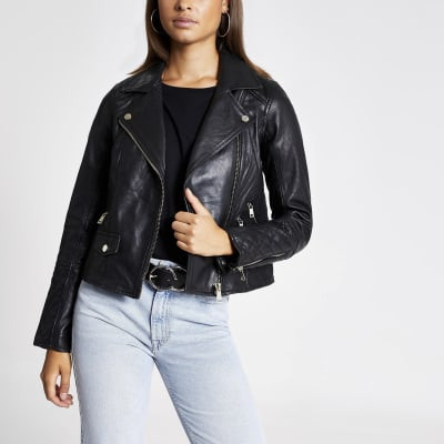 Black Leather Geller Biker Jacket | River Island (UK & IE)