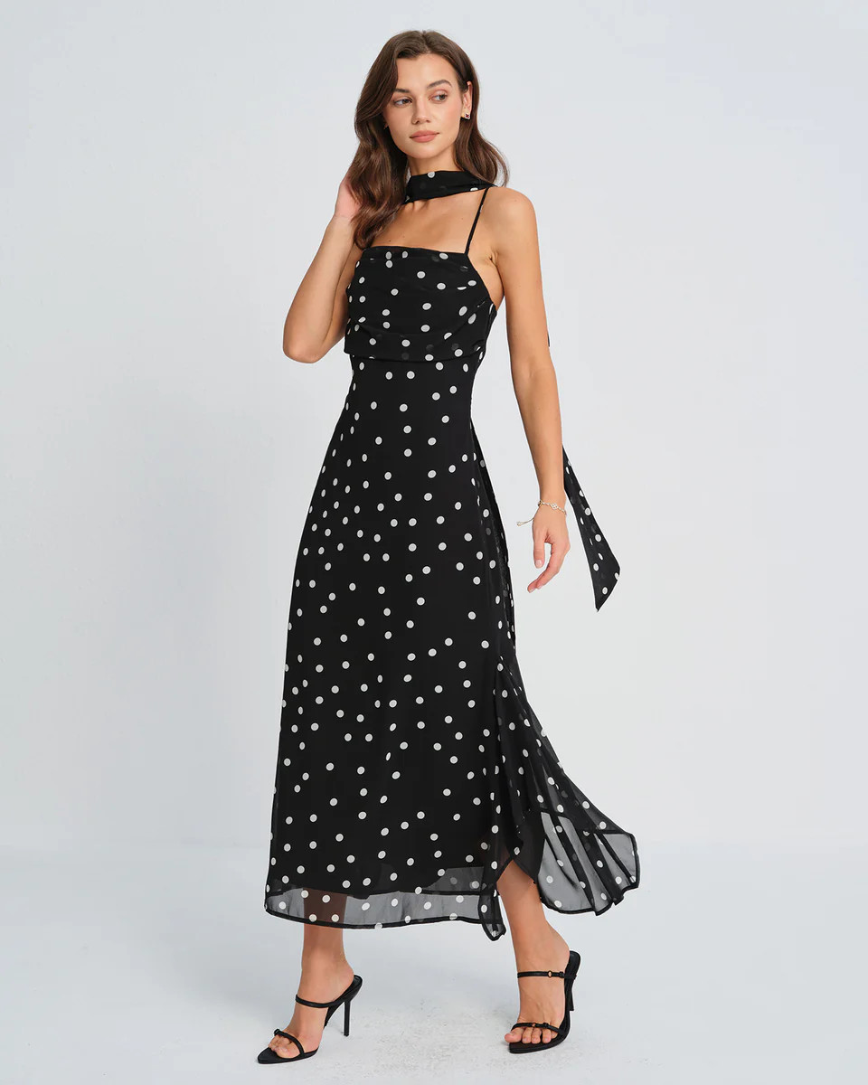 Black Polka Dot Slip Maxi Dress | rihoas.com