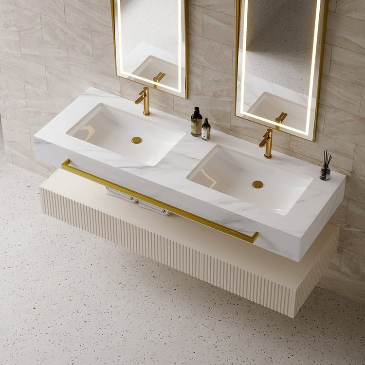 57" White Wall Mounted Double Sink Bathroom Vanity with 3 Drawers Faux Marble Top | Homary