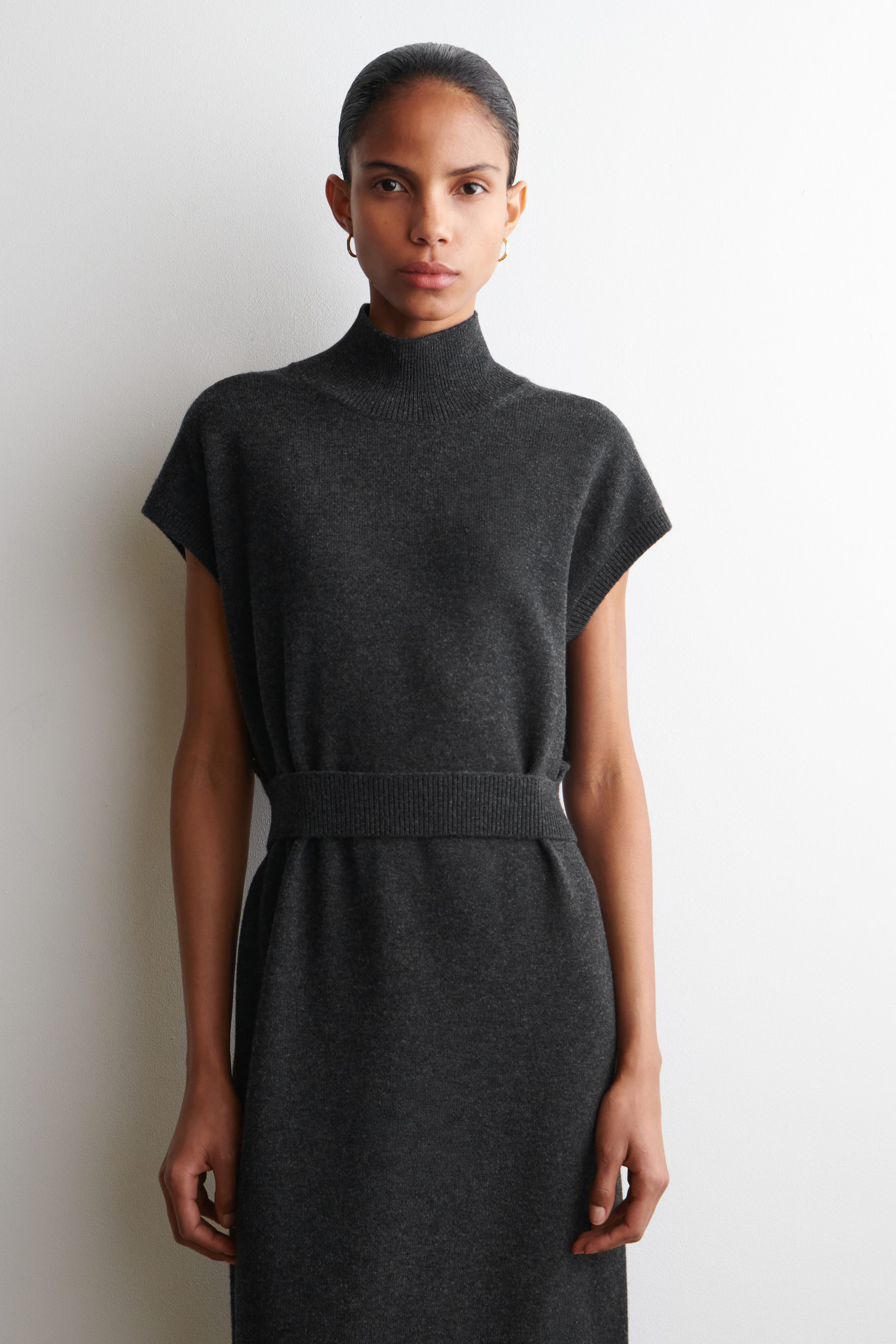 BELT-DETAIL MERINO WOOL FUNNEL-NECK DRESS - DARK-GRAY MÉLANGE | COS US | COS (US)