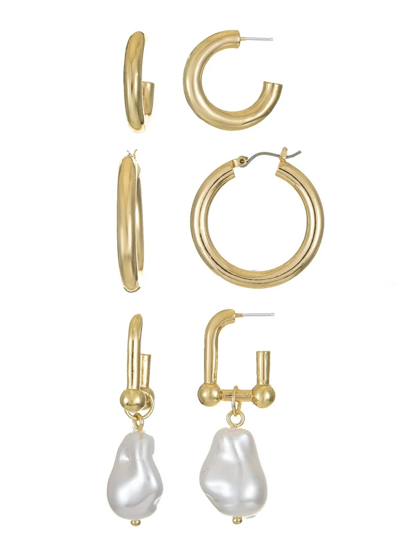Time and Tru Goldtone Earring Trio, Simulated Pearl, 3 Pairs | Walmart (US)
