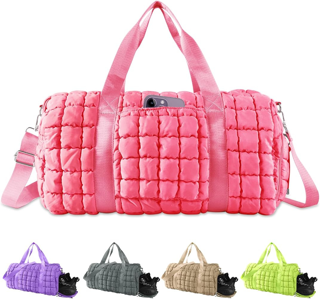Amazon.com | Quilted Travel Duffle Bag Gym Bag for Women,Large Puffer Duffle Weekender Bag with C... | Amazon (US)