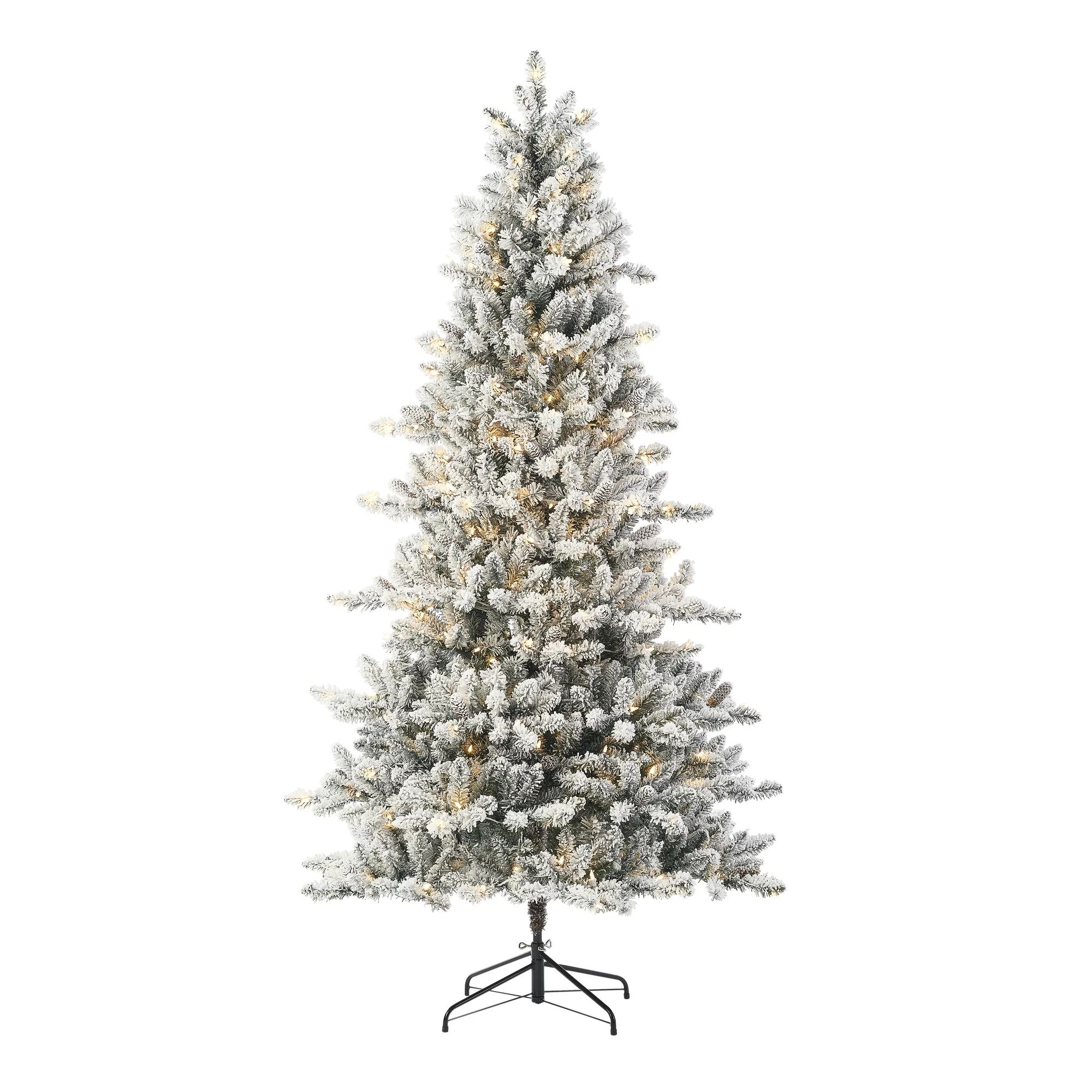 Holiday Time Pre-Lit Flocked Birmingham Fir Artificial Christmas Tree, Warm White LED Lights, Gre... | Walmart (US)