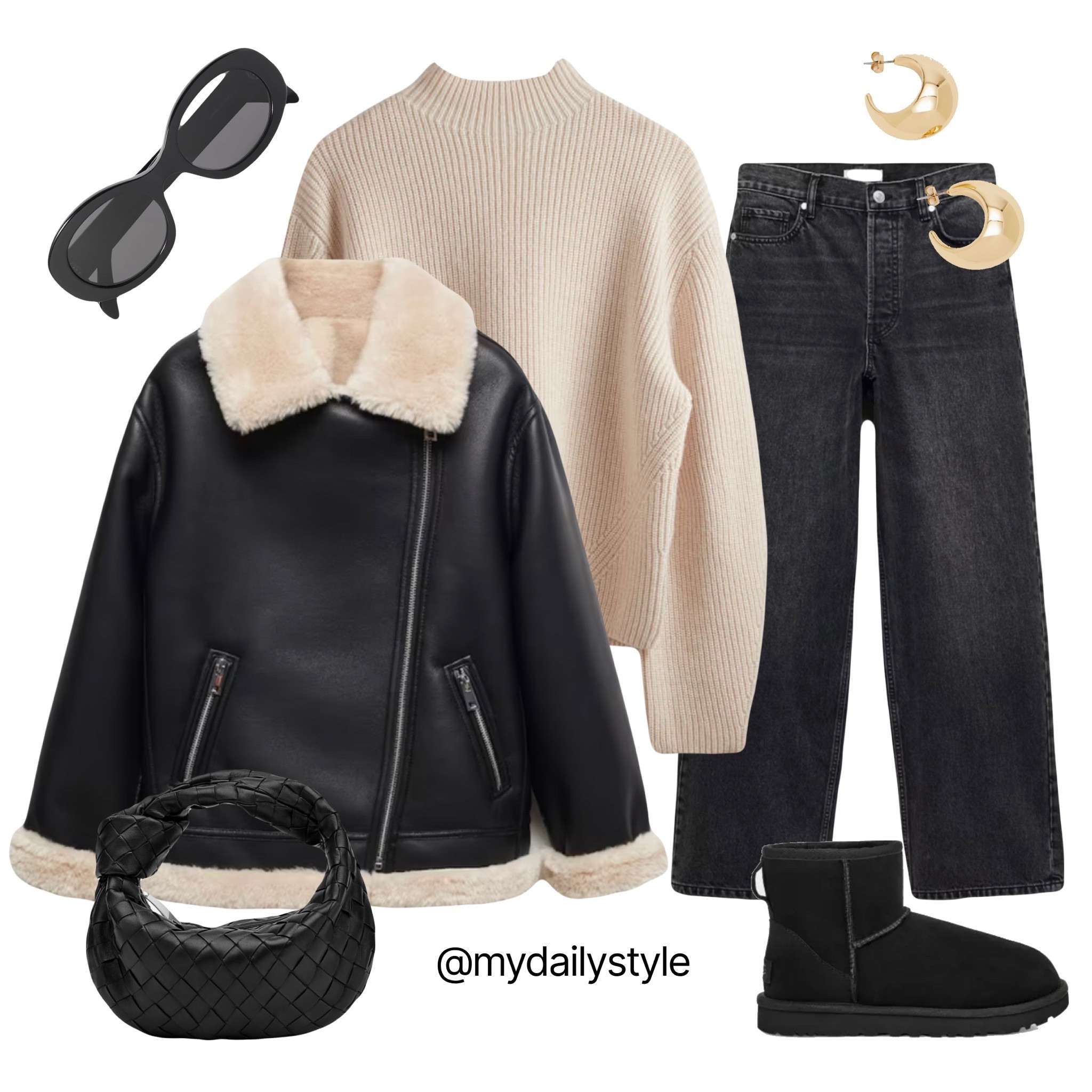 Cozy casual winter outfit 🖤 Faux Mango shearling-lined jacket, merino jumper, wide-leg jeans trousers, mini jodie Bottega Venta bag, classic mini II UGG boot, triumph oval-frame Celine sunglasses, oval hoop earrings. 

#LTKshoecrush #LTKSeasonal #LTKstyletip