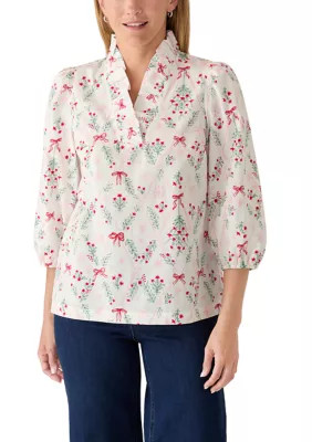 Women's 3/4 Sleeve Ruffle Neck Print Top | Belk