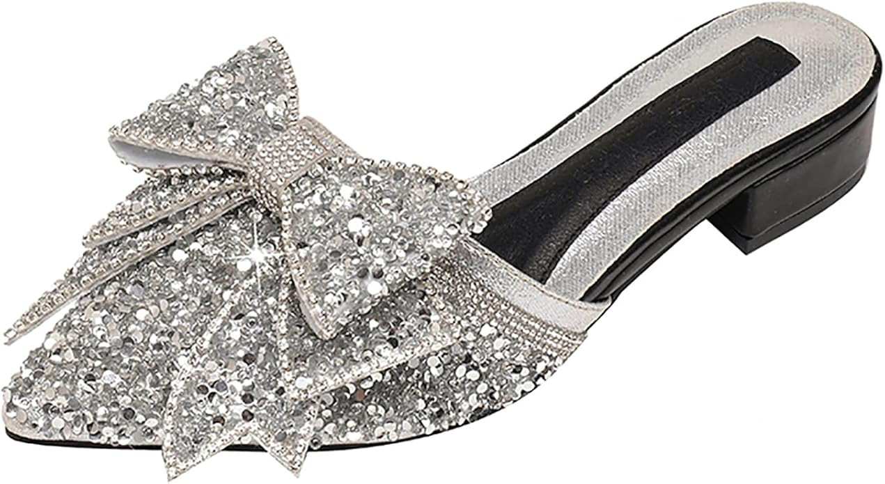Women's Bow Rhinestone Glitter Low Heels Mules Fashion Closed Pointed Toe Backless Slip on Comfor... | Amazon (US)