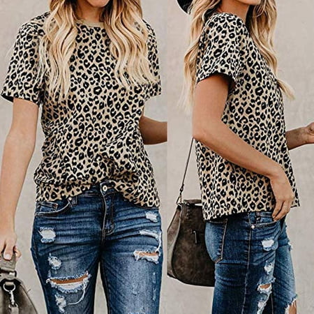 Starmoon Women's Casual Cute Shirts Leopard Print Tops Basic Short Sleeve Soft Blouse | Walmart (US)