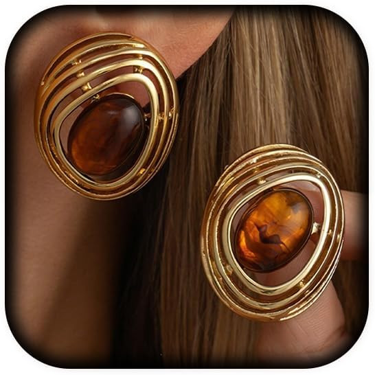 Vintage Gold Brown Stone Stud Earrings Chunky Big Jewelry for Women | Amazon (US)